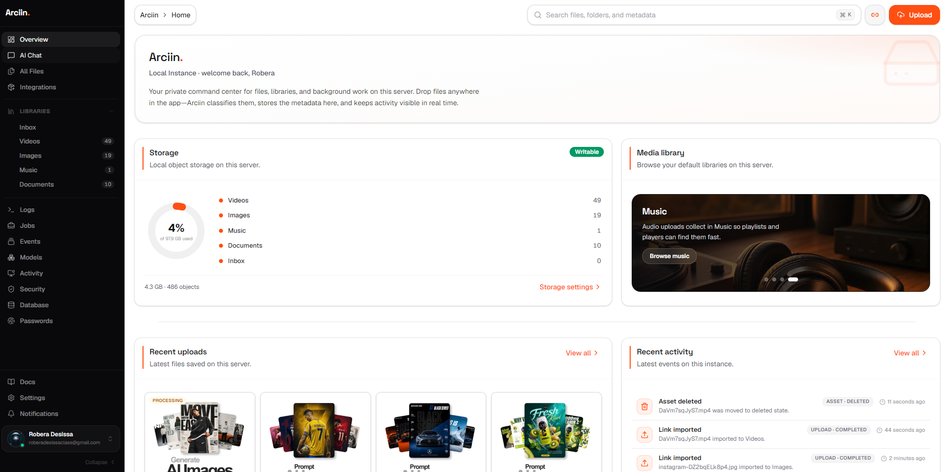 Arciin dashboard — storage, libraries, recent uploads, and live activity