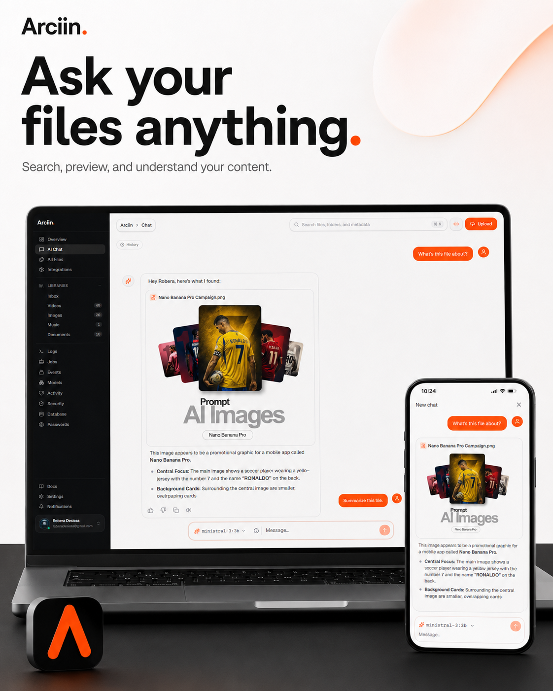Ask your files anything — AI chat across desktop and mobile on your Arciin instance